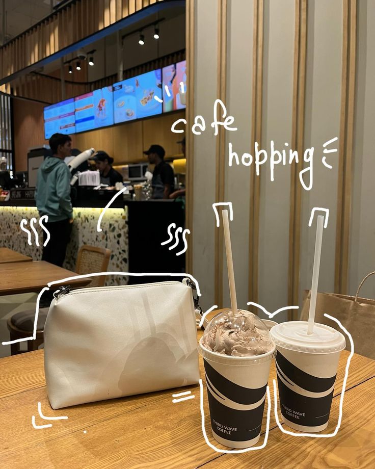 two cups of coffee sitting on top of a wooden table next to a white bag