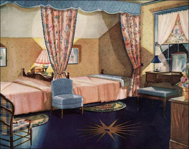 an illustration of a bedroom with two beds and a blue chair in the middle of the room