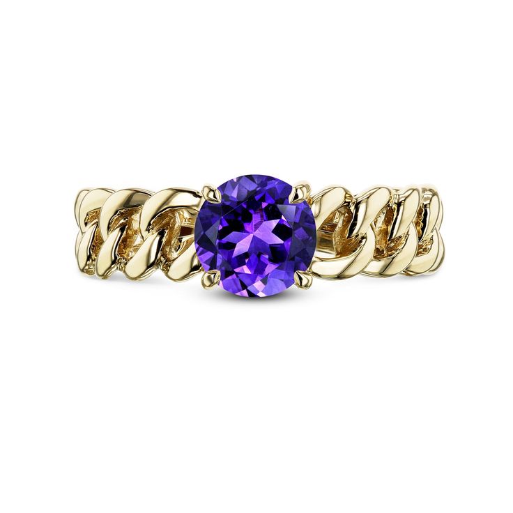 A gleaming centerpiece of your favorite gemstone is set with exquisite artisanal mastery on this unique yet simple ring. Chain links wrap the band of this 14-karat yellow gold ring with a sturdy 6mm round gemstone to top it off. The solitaire design focuses attention to the single mid-sized gemstone while the creative design along the band brings a playful flair for a ring that is truly unique to its wearer. Garnet is a birthstone for the month of January. The orangey red gemstone brings harmony Yellow Gold Solitaire Open Band Jewelry, Solitaire Yellow Gold Open Band Jewelry, Modern Yellow Gold Amethyst Gemstone Ring, Modern Yellow Gold Amethyst Ring, 14k Yellow Gold Polished Amethyst Ring, Yellow Gold Amethyst Ring With Polished Finish, 14k Yellow Gold Amethyst Ring With Polished Finish, Timeless Yellow Gold Amethyst Ring, Heirloom Amethyst Solitaire Ring In Yellow Gold