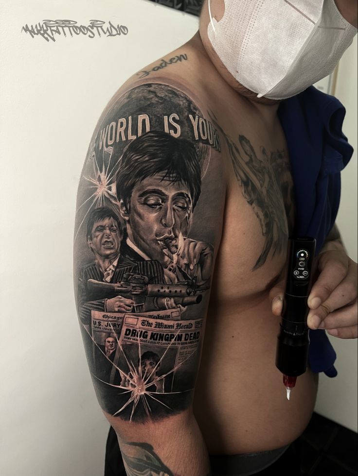 Large Chest Tattoo, Scarface Tattoo, Tattoos For Guys Forearm, Soccer Tattoos, Arm Tattoos For Guys Forearm, Black And Gray Tattoo, Mangas Tattoo, Wife Tattoo, Gray Tattoo