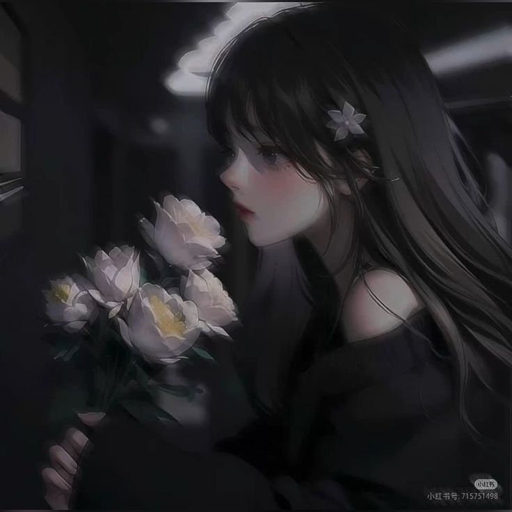 a girl with long hair holding flowers in her hand