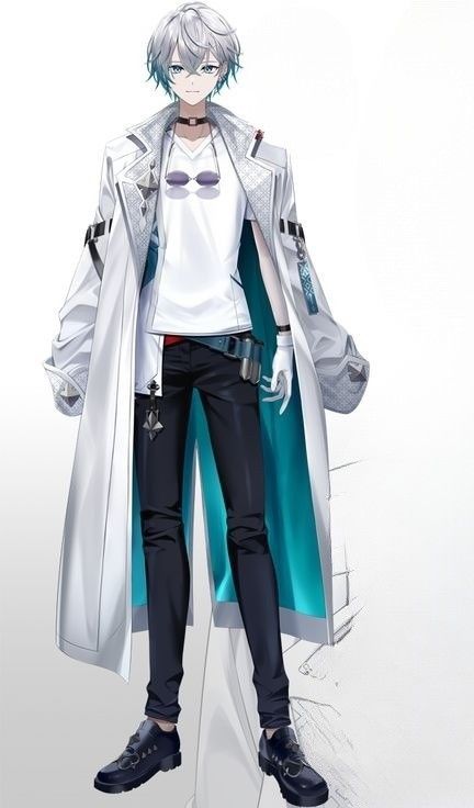 an anime character is standing in front of a white background and wearing black pants, a white t - shirt, and a blue trench coat