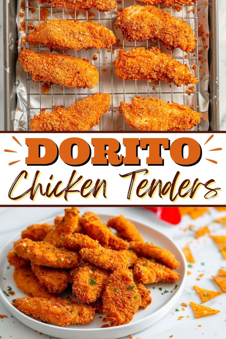 fried chicken tenders on a white plate with text overlay that reads, doritoo chicken tenders