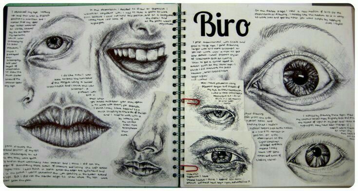 an open book with drawings of different eyes and lips on the page, which reads biro