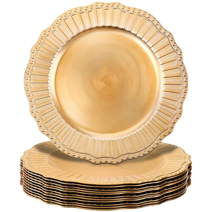 PRICES MAY VARY. 12 PCS round charger plates in soft gold. Size: 13" W x 0.5" H. The beaded trim added a nice touch of glam, and suitable for bridal cocktails, wedding, Thanksgiving, Christmas, New Year parties. Hand wash recommend. All these round charger plates are made of high quality plastic polypropylene material, thick and reusable. Please note that this is not designed for direct food touch. Easy care and reusable beaded charger plates, the smooth overall finish on surface make it look go Under Plates Table Settings, Wooden Chargers, Table Chargers, Gold Charger Plate, Gold Chargers, Christmas Dinner Table, Dinner Table Setting, White Dinnerware, Burlap Table Runners