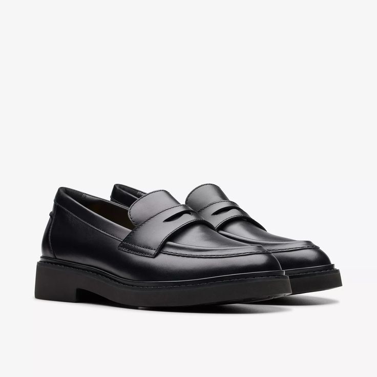 Womens Splend Edge Black Leather Loafers | Clarks US Business Slip-on Loafers With Contrast Sole, Business Loafers With Contrast Sole And Slip-on Fit, Business Slip-on Oxfords With Lug Sole, Modern Loafers With Contrast Sole For Business, Workwear Slip-on Moccasins With Contrast Sole, Modern Business Loafers With Contrast Sole, Classic Slip-ons With Contrast Sole And Round Toe, Business Slip-on Platform Loafers With Rubber Sole, Classic Platform Loafers For Work With Rubber Sole