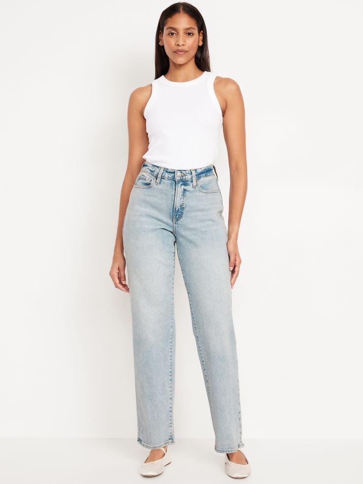 no-gap high waist zip fly loose leg sizes 00-14: curvy waist is 2” roomier at hip sizes 16 and up: curvy waist is ½” smaller and ¾” roomier at the hips 30 1/2" regular inseam 28 1/2" petite inseam 33 1/2" tall inseam hits below ankle models are approx.  5'9" and wear sizes s (4), l (12), and xl (18)machine wash according to the care instruction label  . Best Holiday gift for Women , perfect Jeans for Christmas! Loose Jeans, Perfect Jeans, Old Navy Jeans, Old Navy Women, Back Patch, Bottom Clothes, New Wardrobe, Petite Size, Belly Button