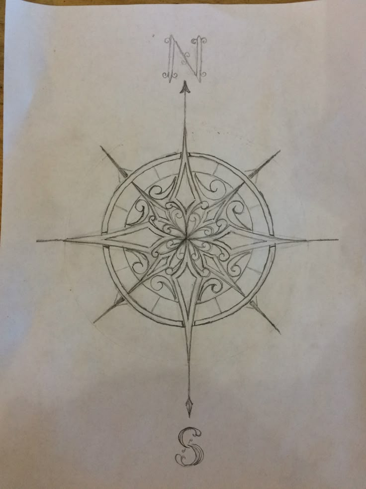 a drawing of a compass on top of a piece of paper with the letter s in it