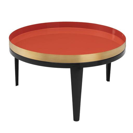 an orange and black coffee table with gold trim on the top, against a white background