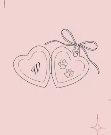 two hearts with dog paw prints and a bow tied around them on a pink background