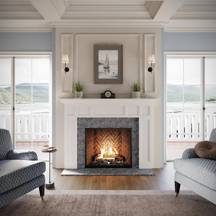 a living room filled with furniture and a fire place