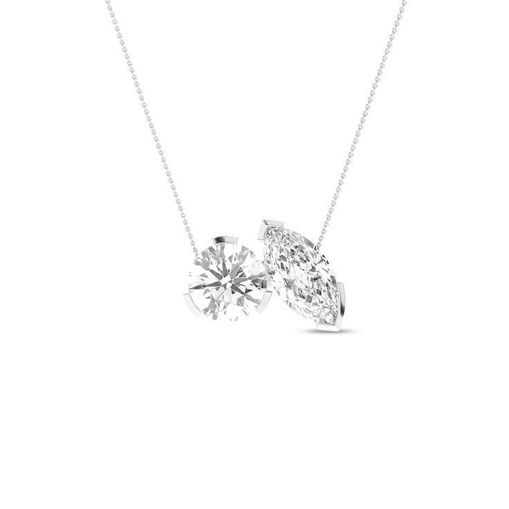 Atmos Round Marquise Diamond Two-Stone Necklace_Product Angle_PCP Main Image Luxury Marquise Diamond Necklace For Anniversary, Double Diamond Necklace, Elegant Marquise Solitaire Necklace In White Gold, Marquise Diamond Solitaire Necklace For Wedding, Marquise Cut White Gold Diamond Necklace For Formal Occasions, White Marquise Cut Diamond Necklace For Formal Events, Two Stone Diamond Necklace, Marquise Brilliant Cut Diamond Necklace For Wedding, Classic Marquise Cut Diamond Necklace With Accents