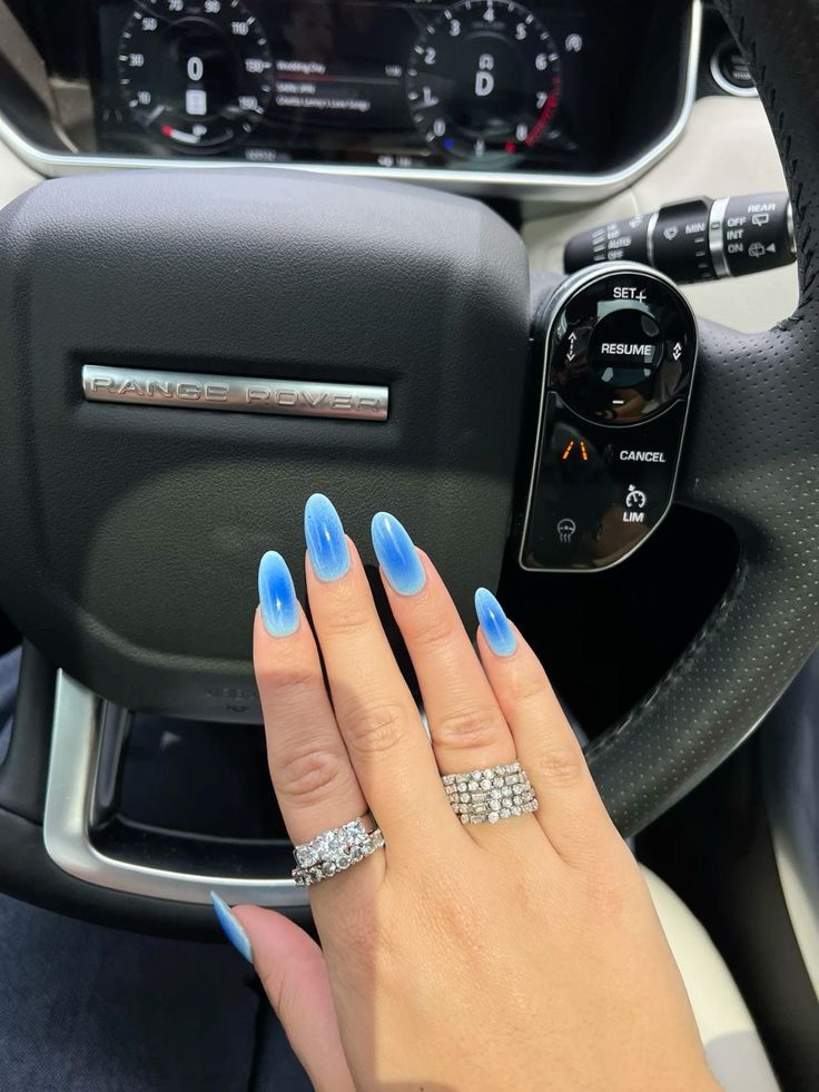 Blue Nails Airbrush, Blue Aroura Nails, Cruise Almond Nails, Light Blue Airbrush Nails, Blue Nail Set Ideas, Blue Aura Chrome Nails, Blue Aura Nails Almond, Airbrush Blue Nails, Blue Aura Nails Acrylic