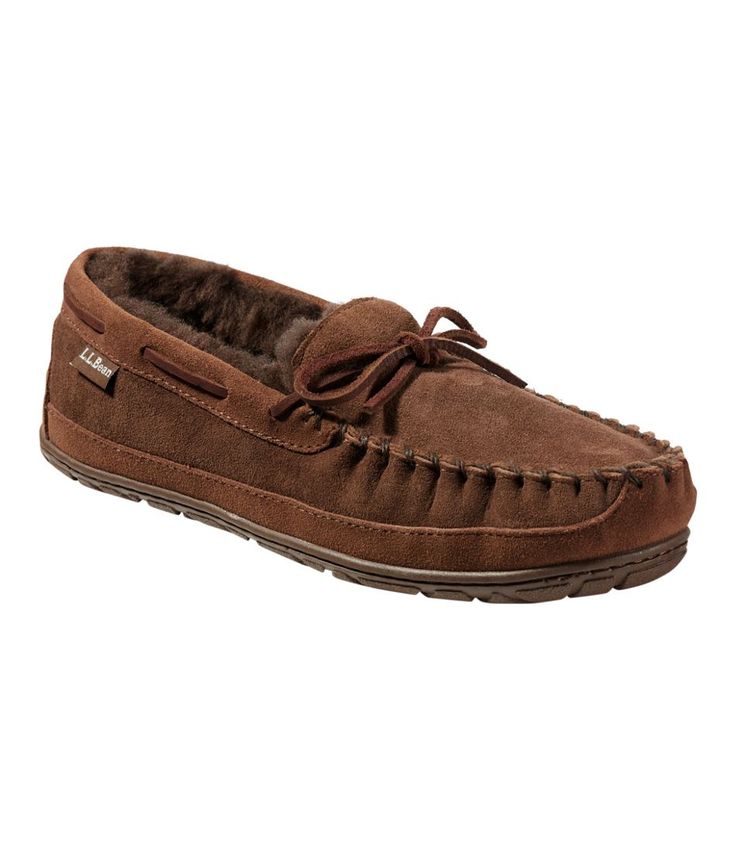 Men's Wicked Good Moccasins | Slippers at L.L.Bean Comfortable Fall Moccasins With Textured Sole, Comfortable Brown Moccasins, Comfortable Brown Winter Moccasins, Brown Moccasins With Cushioned Footbed, Winter Brown Moccasins With Rubber Sole, Brown Slip-on Moccasins For Winter, Winter Suede Moccasins With Rubber Sole, Fall Moccasins With Rubber Sole, Best Slippers