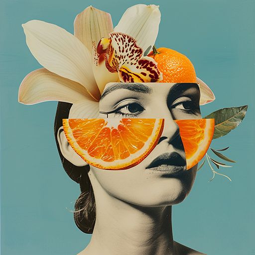 Surreal and quirky art collage featuring a woman's portrait made with fruits and flowers, creating a unique artistic vibe.  #ArtsyAF #SurrealVibes #QuirkyArt #CollageMagic #OrangeSlicePortrait #FlowerPower #ProfilePicGoals #ArtisticVision #PinterestInspo #CreativeCollage Fruit Portrait, Surrealism Collage Art, Fruit Surrealism, Drink Collage Art, Fruits Collage Art, Surreal Portrait Collage, Fruit Collage, Quirky Art, Business Card Maker