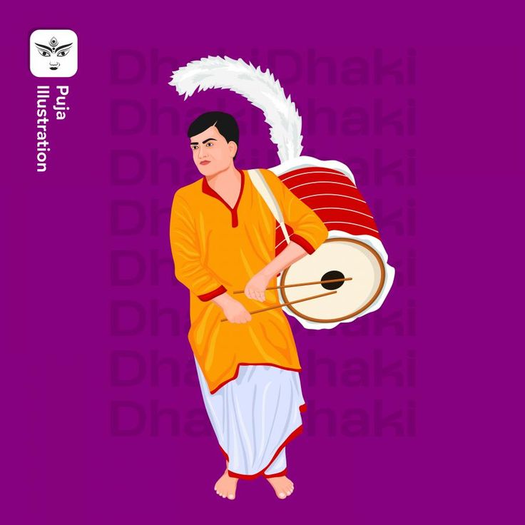 a man is holding a drum and wearing an orange outfit with white feathers on his head