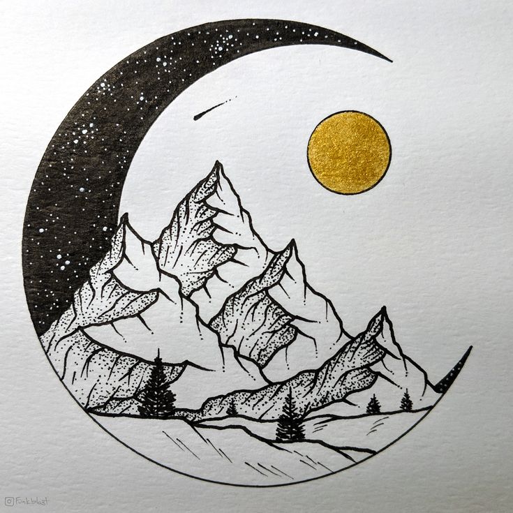 a drawing of mountains and the moon