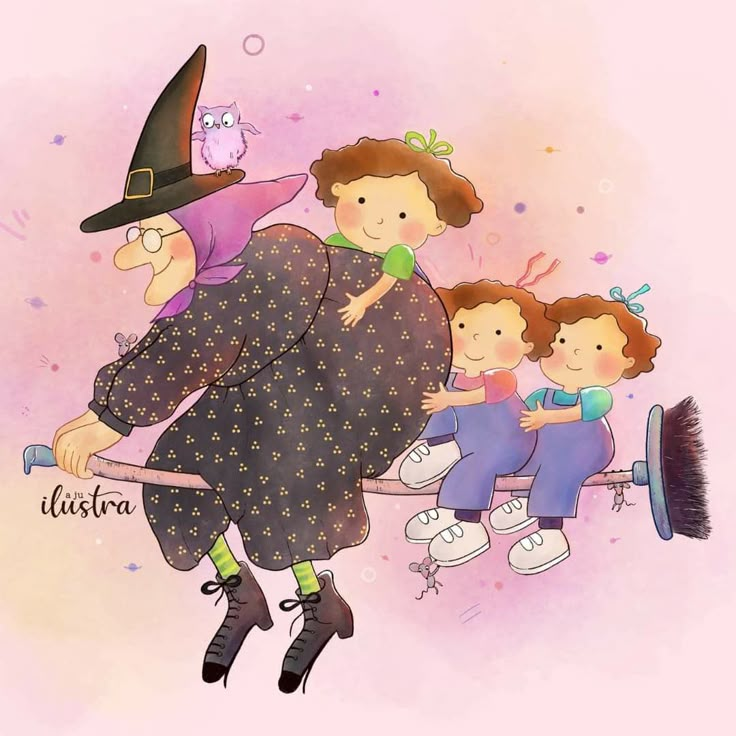 a drawing of a family on a broom