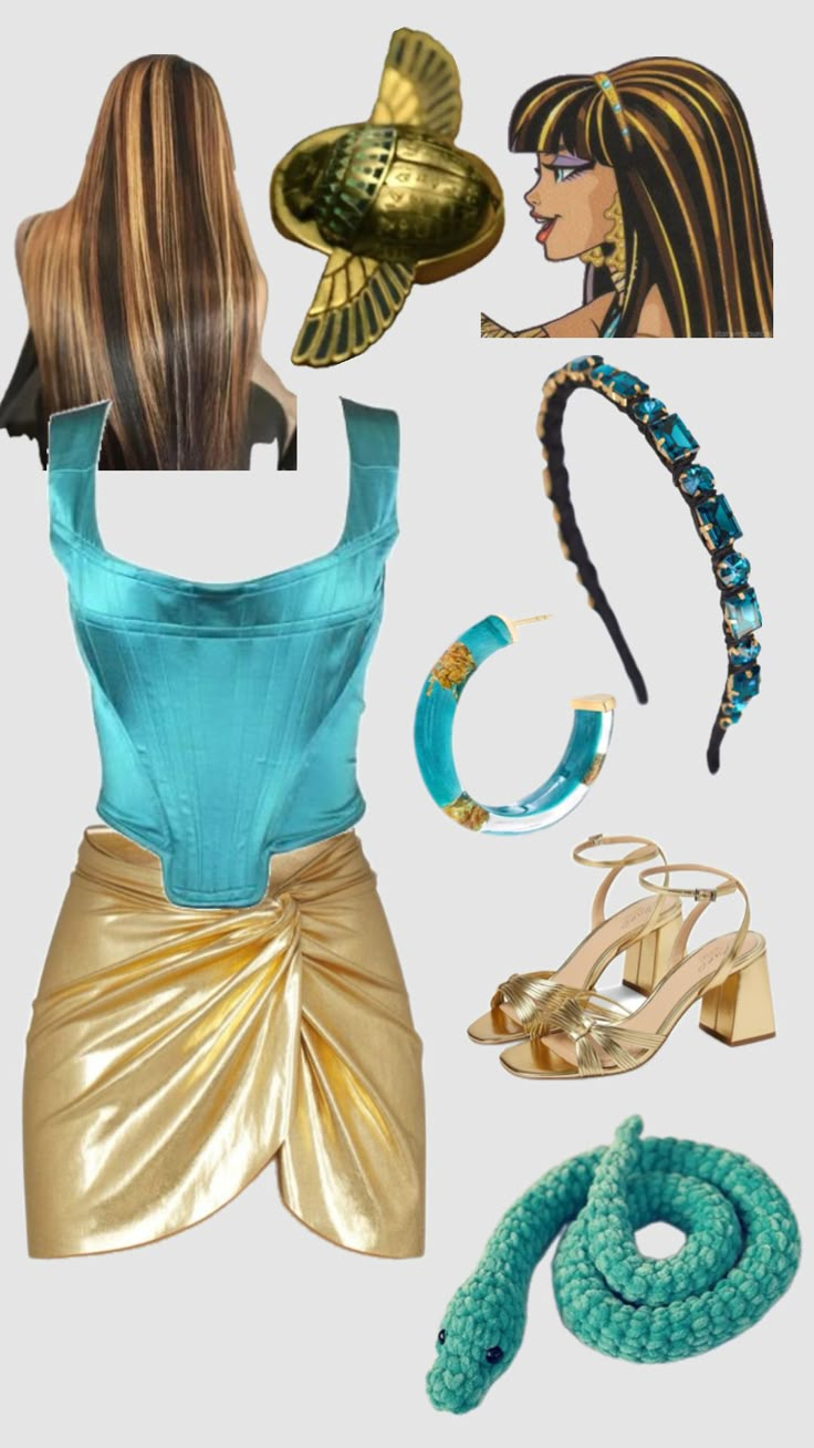 a woman's dress and accessories including shoes, necklaces, bracelets and hair clips