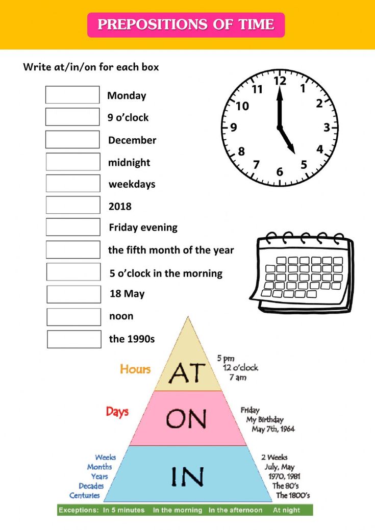 worksheet showing the prepositions of time for students to practice their writing skills