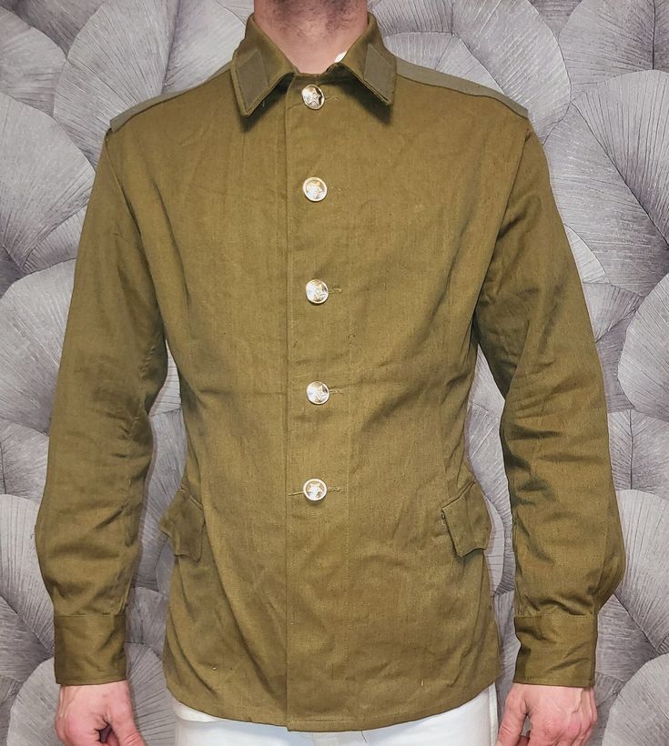 Soldier's military jacket made cotton fabric for USSR Army Military Style Long Sleeve Tops With Patch Pockets, Collared Khaki Cotton Outerwear, Khaki Collared Cotton Outerwear, Khaki Cotton Collared Outerwear, Khaki Cotton Single Breasted Outerwear, Khaki Single-breasted Cotton Outerwear, Khaki Cotton Single-breasted Outerwear, Khaki Military Outerwear With Patch Pockets, Military Tops With Pockets For Fall