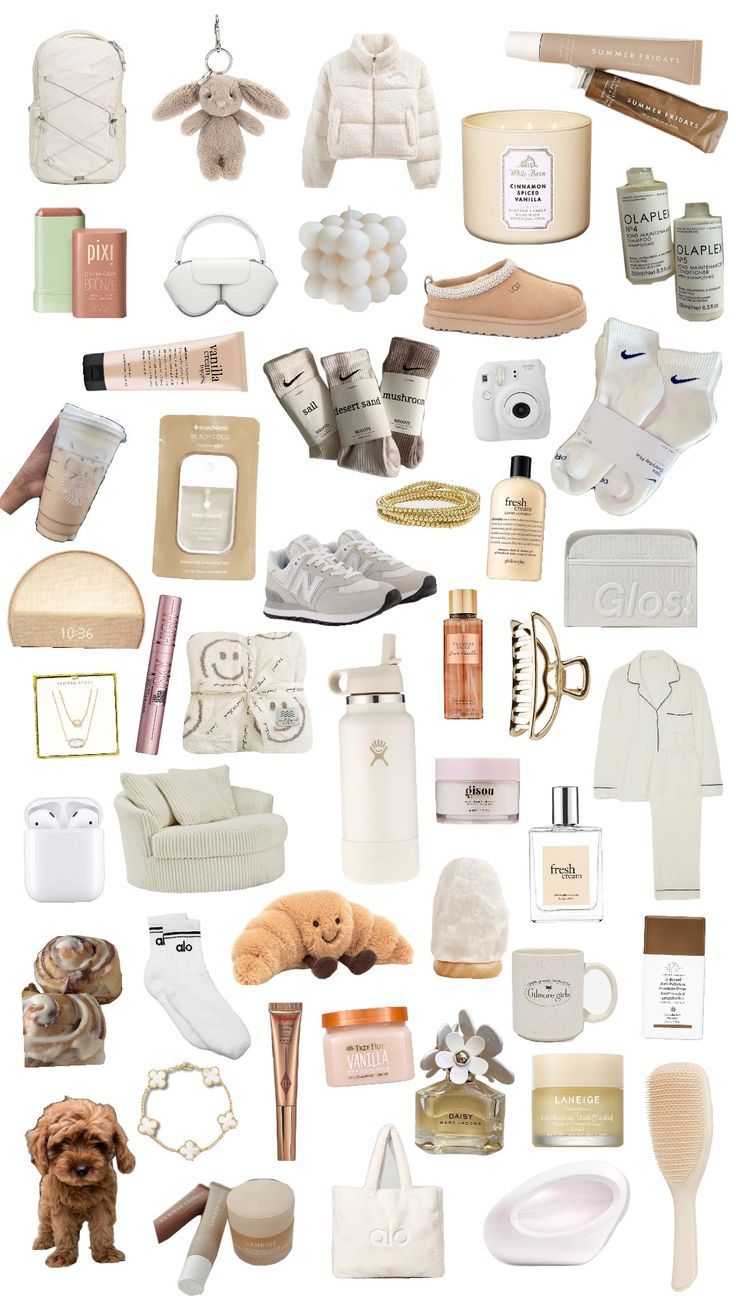 a collage of white items and accessories