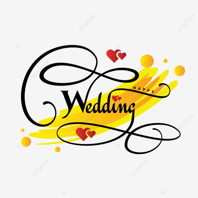 the word wedding written in black and yellow colors with hearts on it, font, lettering,