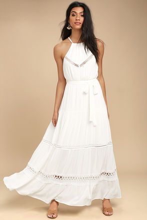 Vacation Dresses, Resort Wear, Floral Dresses at Lulus.com Florida Wardrobe, Blue Lace Maxi Dress, Some Kind Of Wonderful, Floral Lace Maxi Dress, White Lace Maxi Dress, White Lace Maxi, White Halter Dress, White Evening Dress, Beach Clothes