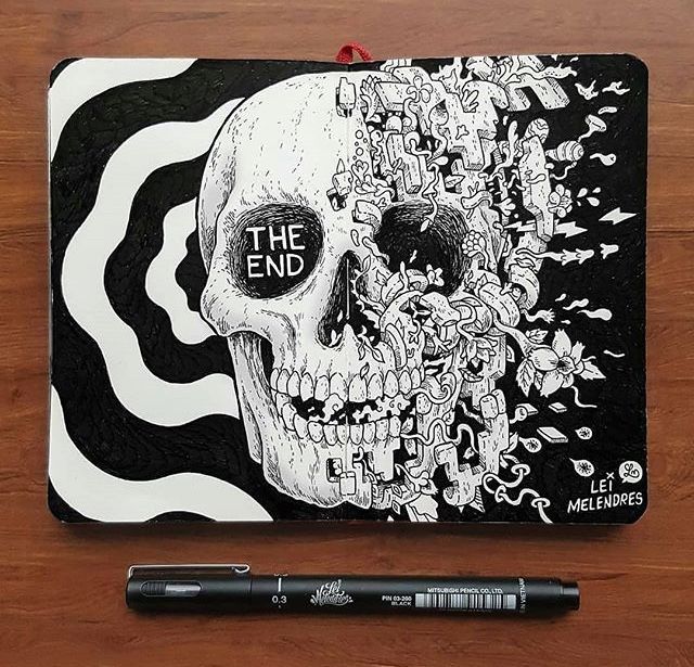 a drawing of a skull with the end written on it