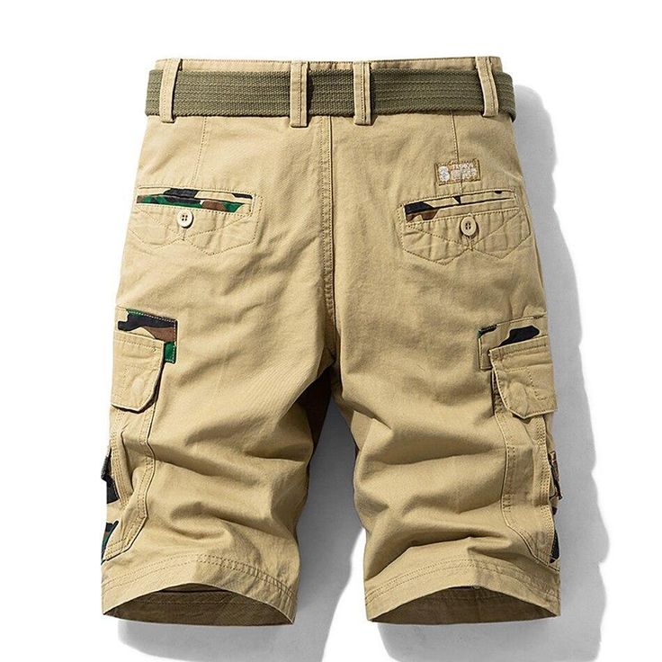 Spring Beige Shorts With Patch Pockets, Camouflage Cotton Bottoms With Side Pockets, Casual Camouflage Cotton Shorts, Camouflage Cotton Bottoms With Multiple Pockets, Camouflage Shorts With Pockets For Spring, Summer Jean Shorts With Patch Pockets, Summer Jean Shorts With Hip Pockets, Spring Camouflage Shorts With Pockets, Casual Khaki Knee-length Shorts