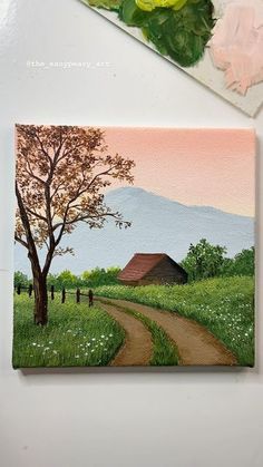 a painting of a country road with a barn and trees on the other side, surrounded by flowers