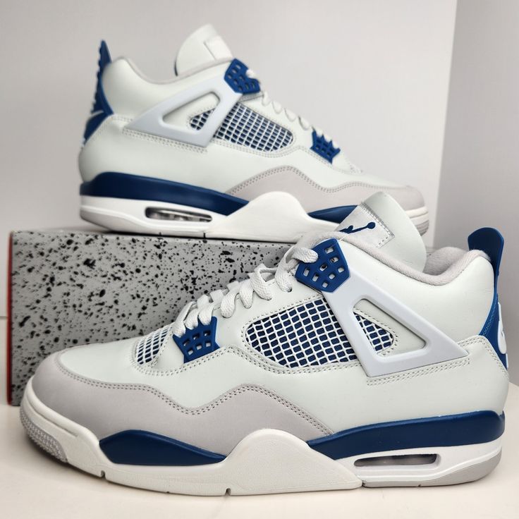 Air Jordan 4 Retro Size 12 Men Off White/Military Blue Sku: Fv5029-141 100% Authentic Brand New With Box (Box Is Missing Lid) Any Questions? Make Sure To Ask Price Firm Nike Air Jordan 4 Retro Blue, Nike Cool Shoes, Blue And Gray Jordans, Blue And White Air Jordans, Jordan 4s Navy Blue, Cute Jordan Shoes, Quinceanera Shoes Blue, All Nike Shoes Jordans, Shoes To Get For Your Birthday