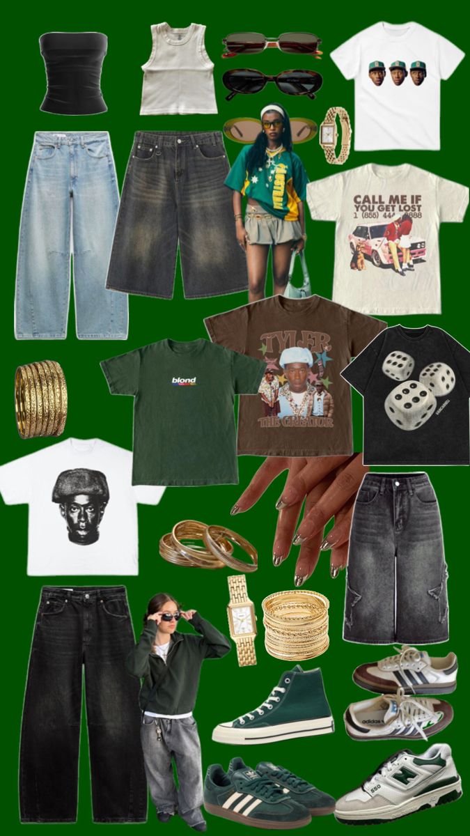 a collage of clothes, shoes and accessories on a green background