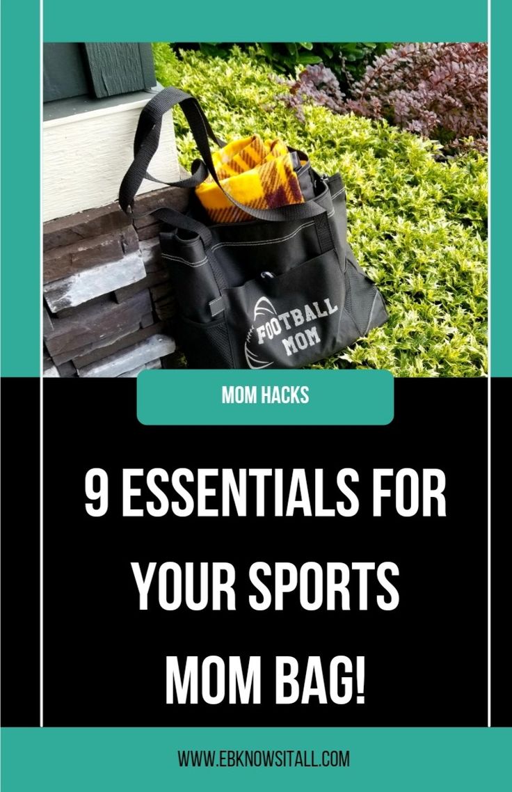 a sports bag with the words 9 essentials for your sports mom bag