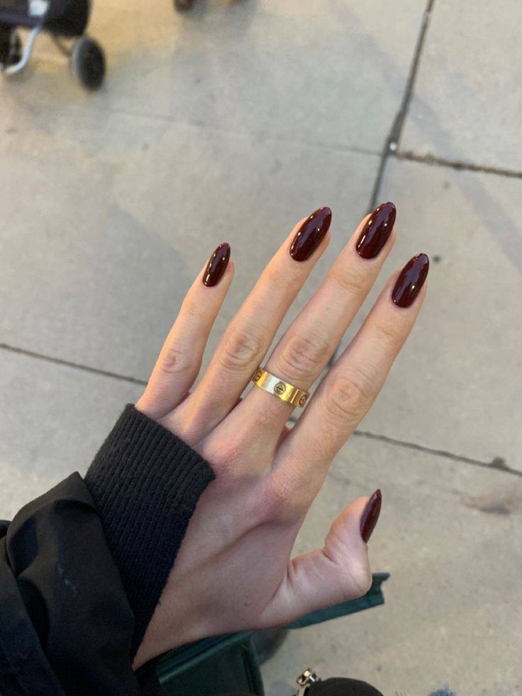 Really Dark Red Nails, Jelly Neutral Nails, Dark Blood Red Nails, Dark Douyin Nails, Wine Red Nails Almond, Dark Nails Summer, Almond Nails Dark Colors, Deep Maroon Nails, Red Nails Dark