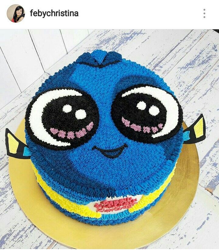 there is a blue cake with eyes on it