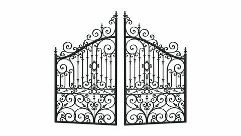 an iron gate with ornate designs on the top and bottom, in black against a white background