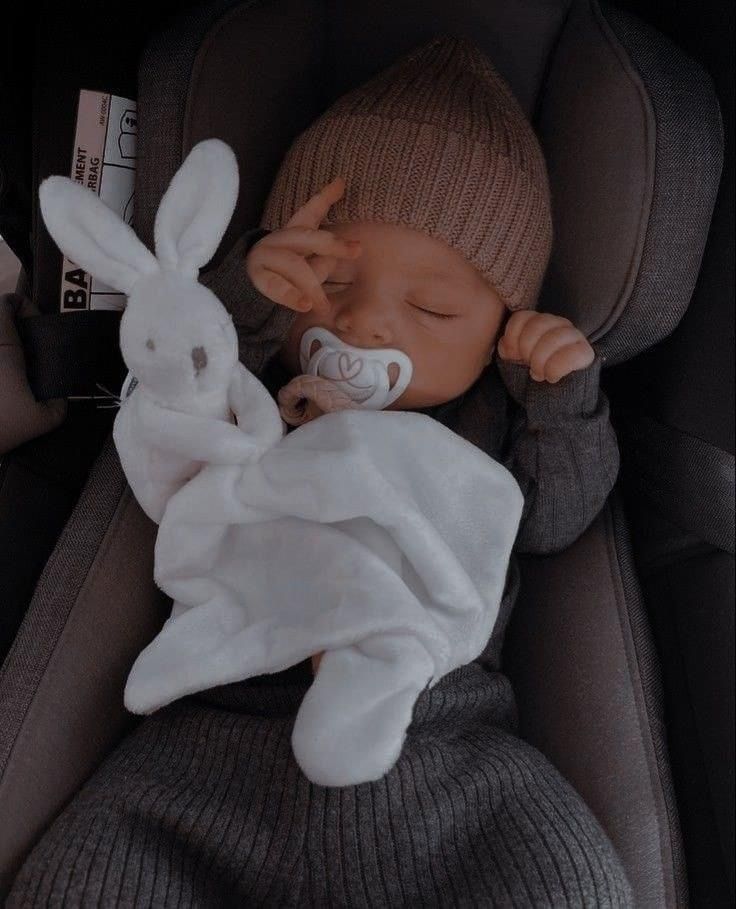 a baby sleeping in a car seat with a stuffed rabbit on it's back