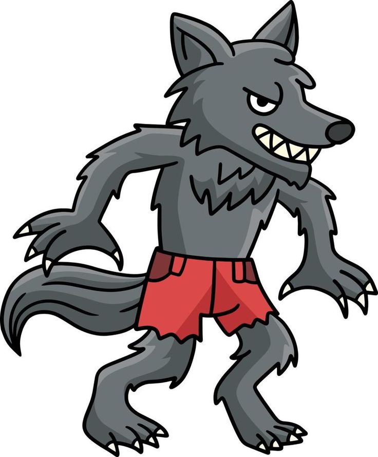 a cartoon wolf with red shorts and fangs