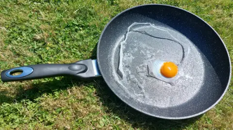 A slightly-cooked egg in a frying pan, which has been placed on grass.