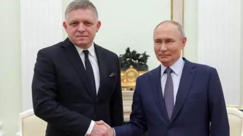 Russian President Vladimir Putin (R) shakes hands with Slovak Prime Minister Robert Fico (L) during their meeting at the Kremlin in Moscow