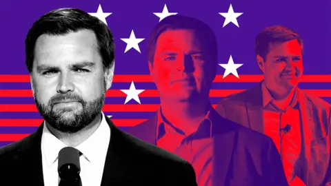 Three stylized depictions of JD Vance at various stages of his life. The recent photo of him on the left is in greyscale whilst there’s two red-tinted versions on the right. The background features a purple American flag with white stars and red stripes.