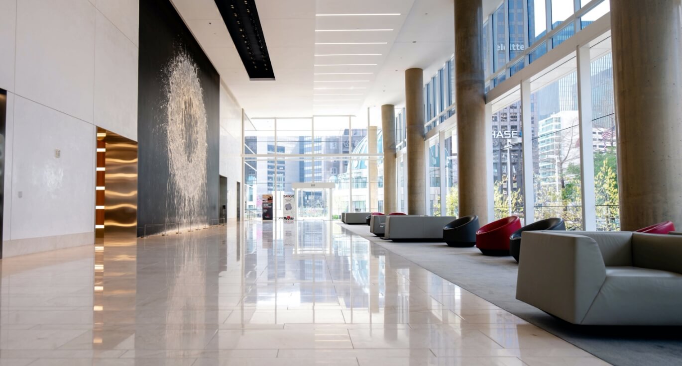 Inside a modern office building's lobby