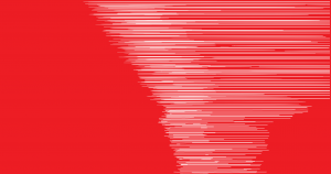 Red graphic showing a tornado stylized as white lines similar to figures showing mathematical chaos.