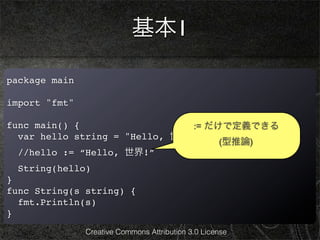 基本1

package main

import "fmt"

func main() {                   := だけで定義できる
  var hello string = "Hello, 世界!"
                                     (型推論)
  //hello := “Hello, 世界!”
  String(hello)
}
func String(s string) {
  fmt.Println(s)
}
               Creative Commons Attribution 3.0 License
 