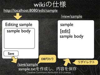 wikiの仕様
http://localhost:8080/edit/sample
                                             /view/sample

 Editing sample                            sample
  sample body                              [edit]
                                           sample body


  Save
                           DB代わり
                                                         リダイレクト
         /save/sample
          sample.txtを作成し、内容を保存
              Creative Commons Attribution 3.0 License
 