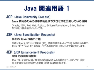 JavaSE再入門 
JCP (Java Community Process) 
Java 技術のための標準技術仕様やプロセスを公開している機関 
Oracle, IBM, Red Hat, Fujitsu, Eclipse Foundation, Intel, Twitter 
などが執行委員会のメンバーです。 
JSR (Java Specification Requests) 
個々のJava 技術の仕様 
仕様(Spec), リファレンス実装(RI), 技術互換性キット(TCK) の提供が必要で、 
Java SE やJava EE の各バージョンも梱包的なJSR として定義されています。 
Java 関連用語1 
JEP (JDK Enhancement Proposals) 
JDK の機能拡張提案 
JDK リリースプロジェクトと関連の取り組みのための長期的なロードマップで、個々 のJEP は技術的観点からの提案・検討・結果の記録です。 
7 
 