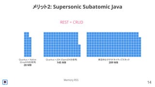 14
メリット2: Supersonic Subatomic Java
REST + CRUD
Quarkus + Native
(GraalVMを使用)
28 MB
Quarkus + JDK (OpenJDKを使用)
145 MB
典型的なクラウドネイティブスタック
209 MB
Memory RSS
 