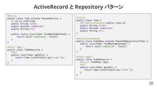 26
@Entity
public class Todo extends PanacheEntity {
// id is inherited
public String title;
public boolean completed;
public String url;
public static List<Todo> findNotCompleted() {
return list("completed", false);
}
}
@Path("/api")
public class TodoResource {
@GET
public List<Todo> getAll() {
return Todo.listAll(Sort.by("order"));
}
}
@Entity
public class Todo {
@Id @GeneratedValue public Long id;
public String title;
public boolean completed;
public String url;
}
@ApplicationScoped
public class TodoRepo extends PanacheRepository<Todo> {
public List<Todo> findNotCompleted() {
return list("completed", false);
}
}
@Path("/api")
public class TodoResource {
@Inject TodoRepo repo;
@GET
public List<Todo> getAll() {
return repo.listAll(Sort.by("order"));
}
}
ActiveRecord と Repository パターン
 