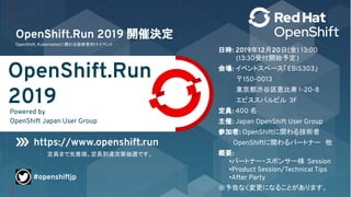 OpenShift.Run 2019 開催決定
OpenShift, Kubernetesに携わる技術者向けイベント
OpenShift.Run
2019
Powered by
OpenShift Japan User Group
#openshiftjp
日時: 2019年12月20日(金) 13:00
(13:30受付開始予定)
会場: イベントスペース「EBiS303」
〒150-0013
東京都渋谷区恵比寿 1-20-8
エビススバルビル 3F
定員: 400 名
主催: Japan OpenShift User Group
参加者: OpenShiftに関わる技術者
OpenShiftに関わるパートナー　他
概要:
•パートナー・スポンサー様 Session 
•Product Session/Technical Tips
•After Party
※予告なく変更になることがあります。
https://www.openshift.run
定員まで先着順。定員到達次第抽選です。
 